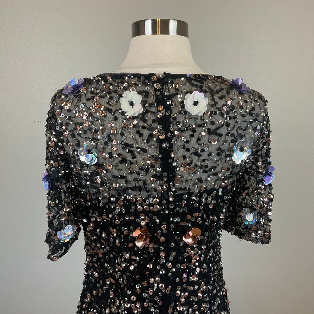 Adrianna Papell Sequined Floral Midi Sheath Cocktail Dress Sparkly Black Size 4 - Picture 7 of 11